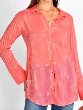 Johnny Was NYX Button Down Embroidered Eyelet Shirt Tunic in Coral Sunset Medium